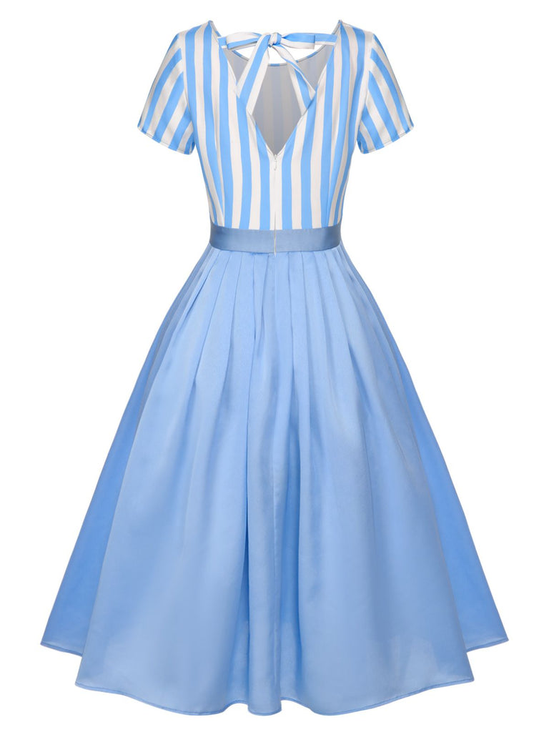 Blue 1940s Boat Neck Stripes Bow Dress | Retro Stage Blue 1940s Boat Neck Stripes Bow Dress | Retro Stage