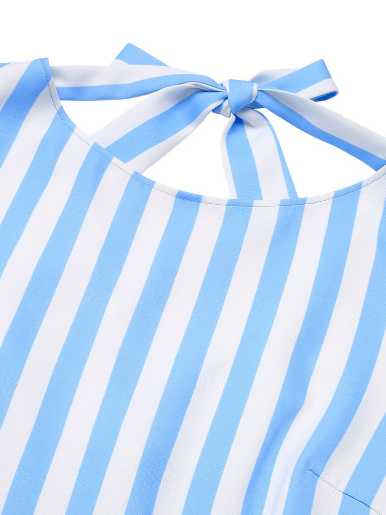 Blue 1940s Boat Neck Stripes Bow Dress | Retro Stage Blue 1940s Boat Neck Stripes Bow Dress | Retro Stage