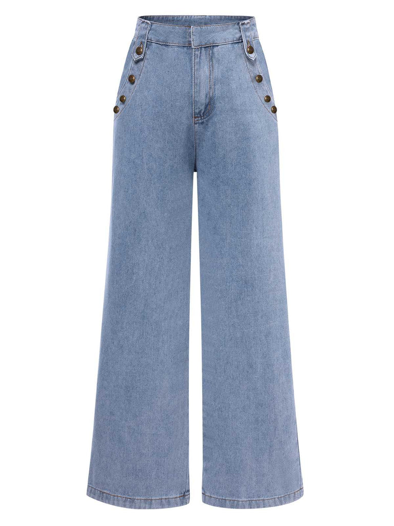 She walks in these Blue 1940s Button Wide-Leg Denim Jeans and the world follows