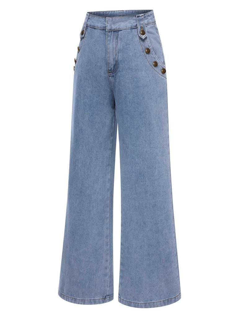 Blue 1940s Button Wide-Leg Denim Jeans: 1940s power dressing, reimagined