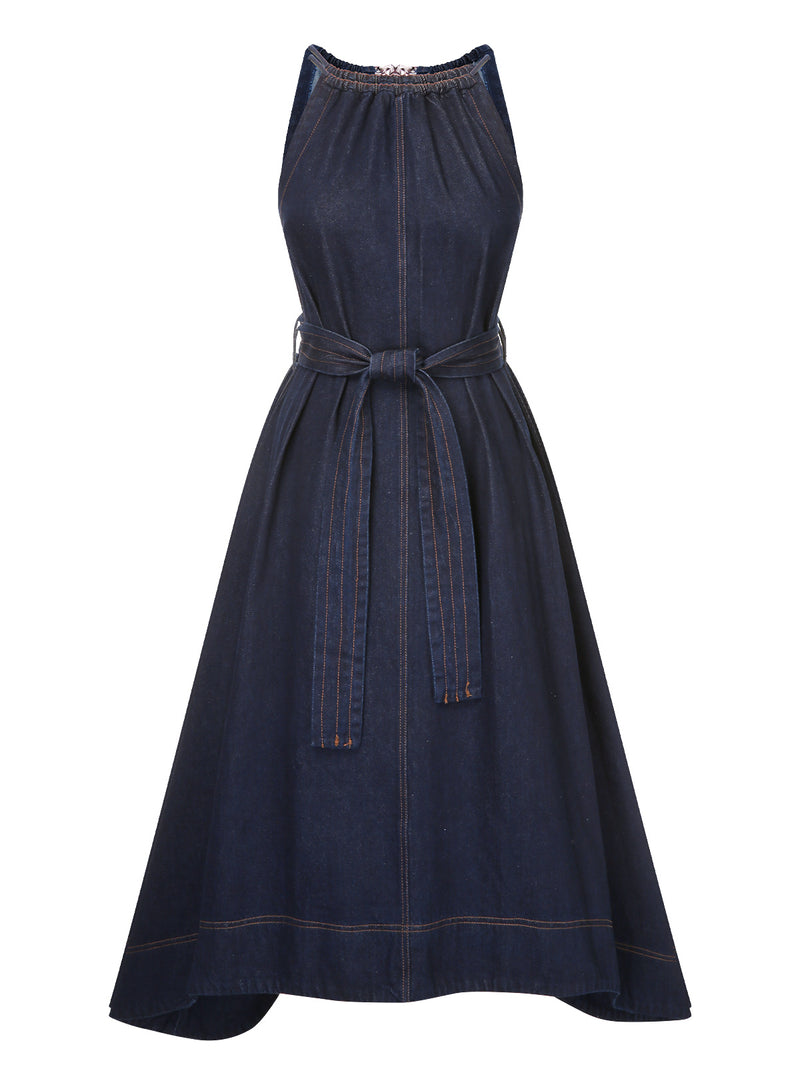 Retro Stage Denim Tie Back Midi Dress Blue