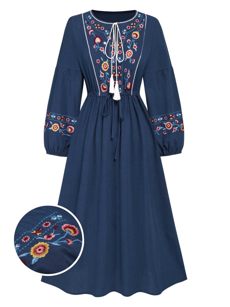 She slips into this Blue 1940s Embroidered Floral Lantern Sleeve Dress and suddenly it's a 1940s daydream