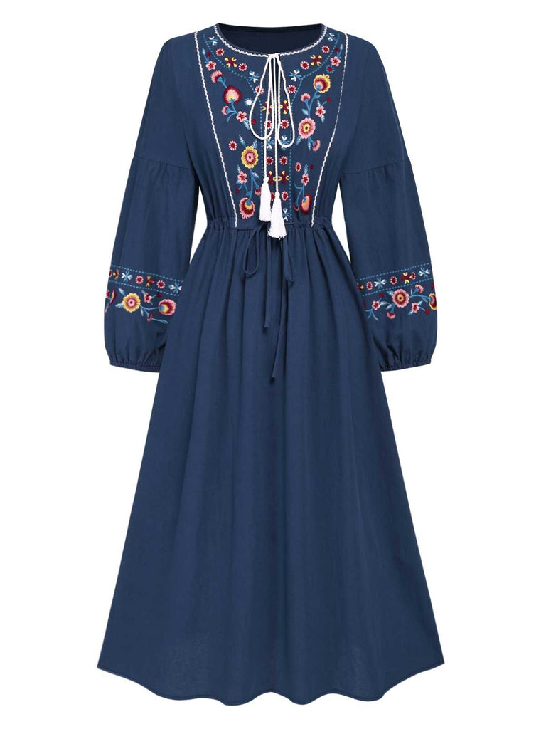 Women's Boho Embroidered Floral Lantern Sleeve Bohemian Dress Women's Boho Embroidered Floral Lantern Sleeve Bohemian Dress