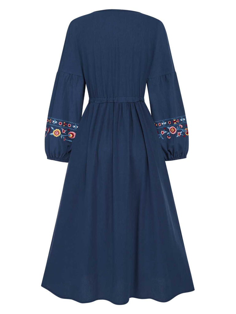 This Blue 1940s Embroidered Floral Lantern Sleeve Dress wraps her in 1940s elegance, one twirl at a time