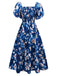 Blue 1940s Floral Puff Sleeves Off-Shoulder Dress: where 1940s romance meets her modern spirit