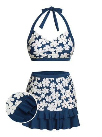 Blue 1940s Floral Ruffles Halter Swimsuit: timeless style reimagined