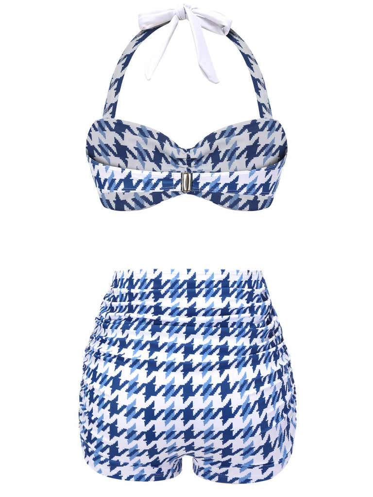 Blue 1940s Houndstooth Bow Halter Swimsuit, vintage swimsuit, pin-up swimwear - perfect for women who love vintage and retro fashion