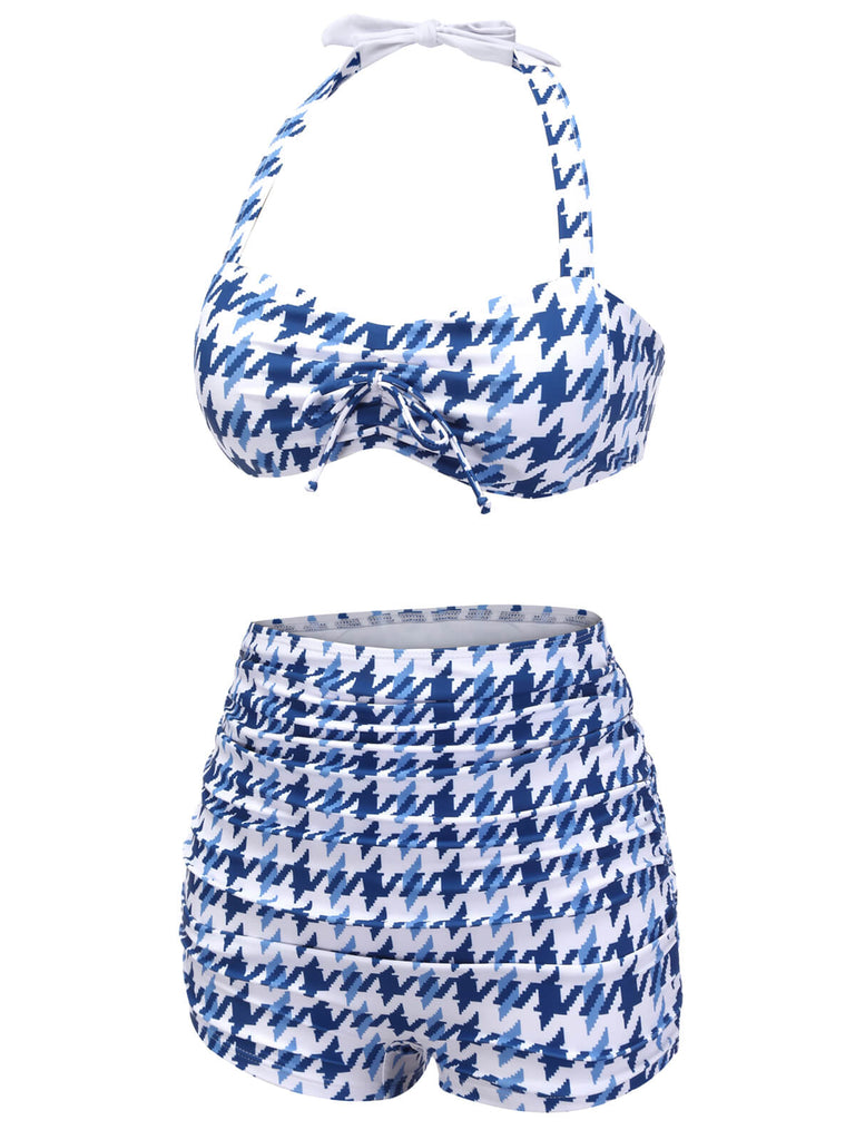Blue 1940s Houndstooth Bow Halter Swimsuit, vintage swimsuit, pin-up swimwear - perfect for women who love vintage and retro fashion