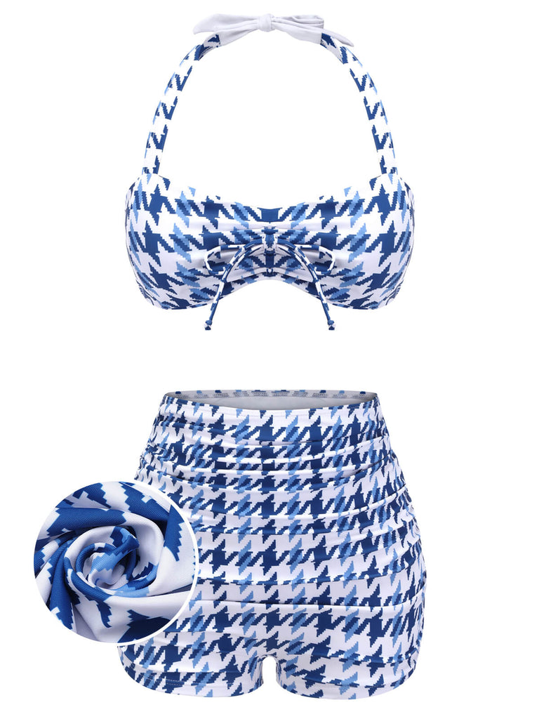 Blue 1940s Houndstooth Bow Halter Swimsuit, vintage swimsuit, pin-up swimwear - perfect for women who love vintage and retro fashion
