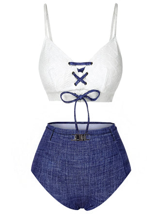 Blue 1940s Lace-Up Halter Faux Denim Bikini Set, vintage swimsuit, pin-up swimwear, retro beach style, women, elegant