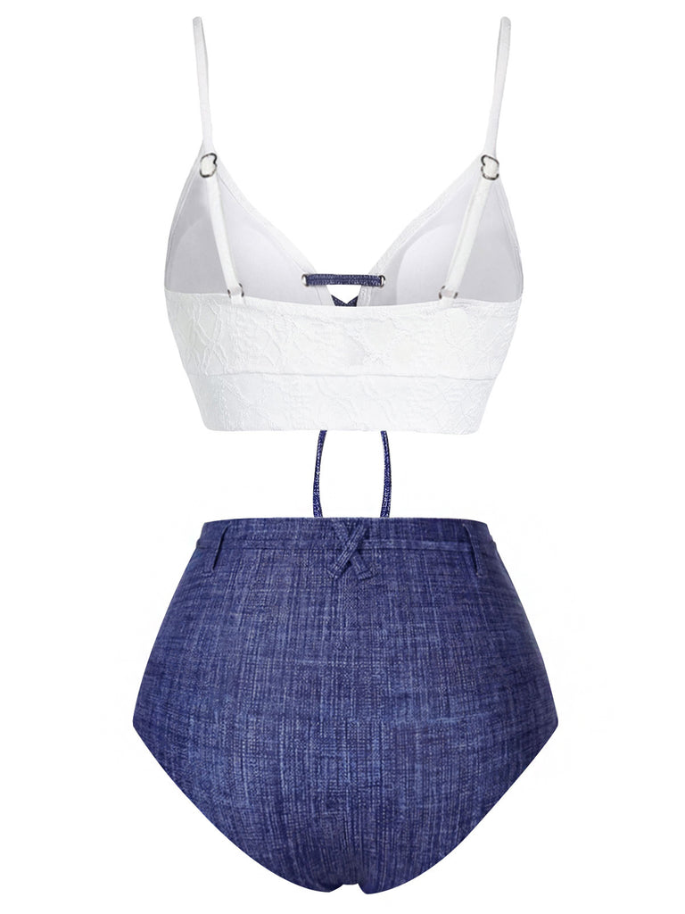 Blue 1940s Lace-Up Halter Faux Denim Bikini Set, vintage swimsuit, pin-up swimwear, retro beach style, women, elegant