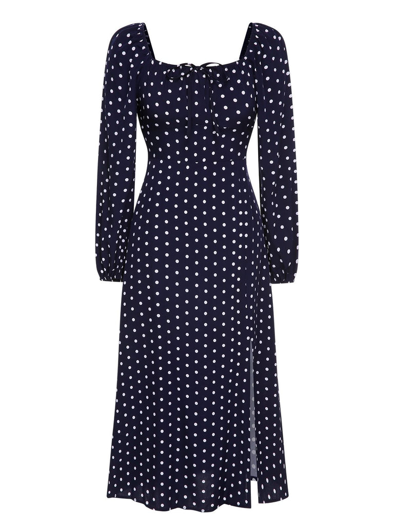 She slips into this Blue 1940s Lantern Sleeve Polka Dots Dress and suddenly it's a 1940s daydream
