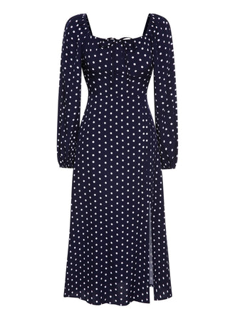 She slips into this Blue 1940s Lantern Sleeve Polka Dots Dress and suddenly it's a 1940s daydream