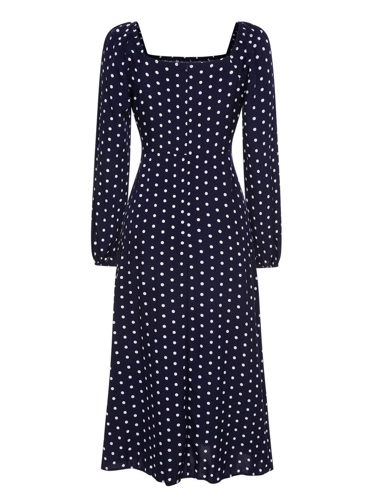This Blue 1940s Lantern Sleeve Polka Dots Dress wraps her in 1940s elegance, one twirl at a time