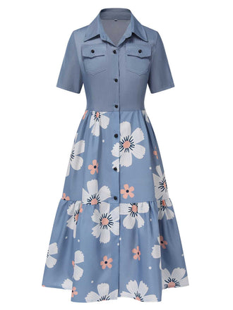 She slips into this Blue 1940s Lapel Button Floral Dress and suddenly it's a 1940s daydream