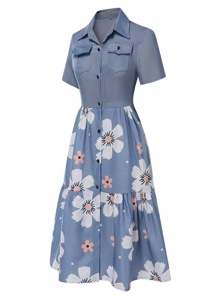 Blue 1940s Lapel Button Floral Dress: where 1940s romance meets her modern spirit