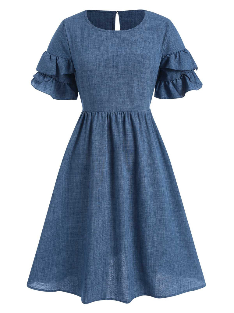 She slips into this Blue 1940s Layered Ruffle Sleeve A-Line Dress and suddenly it's a 1940s daydream