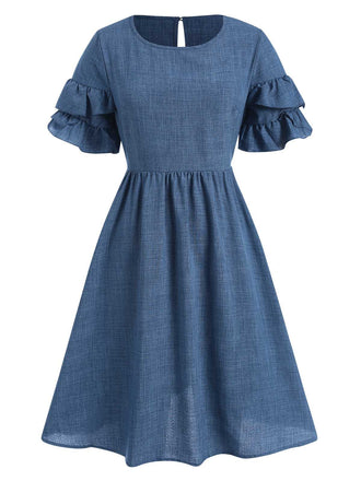 She slips into this Blue 1940s Layered Ruffle Sleeve A-Line Dress and suddenly it's a 1940s daydream