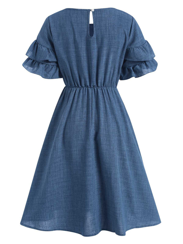 Blue 1940s Layered Ruffle Sleeve A-Line Dress: where 1940s romance meets her modern spirit