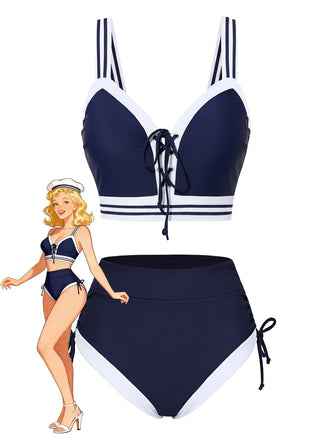 Blue 1940s Nautical Striped Lace-Up Bikini Set - vintage fashion, retro style