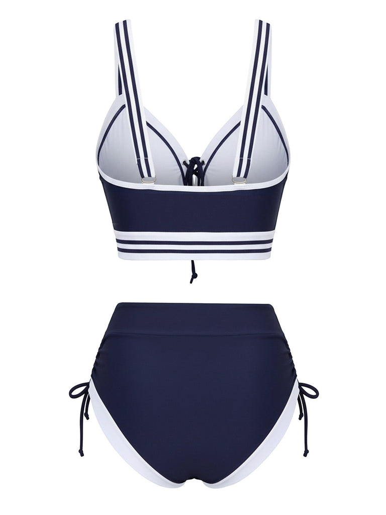 Blue 1940s Nautical Striped Lace-Up Bikini Set - vintage fashion, retro style