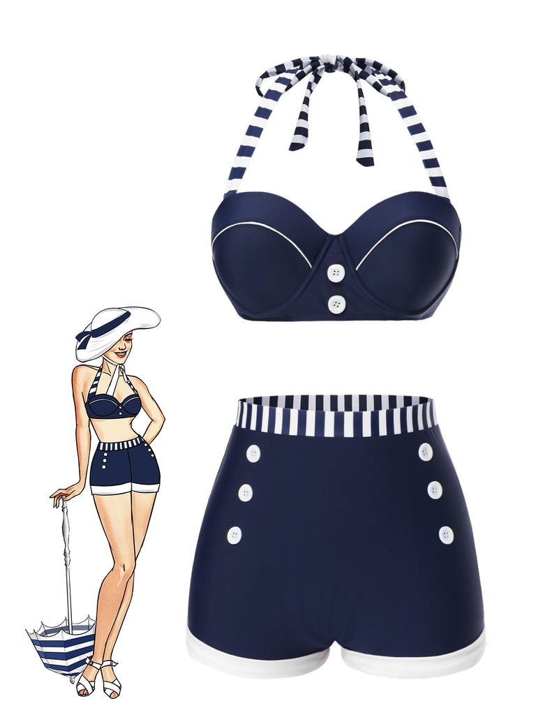 She's wearing Blue 1940s Navy Style Patchwork Swimsuit and the whole beach remembers the 1940s