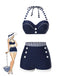 She's wearing Blue 1940s Navy Style Patchwork Swimsuit and the whole beach remembers the 1940s