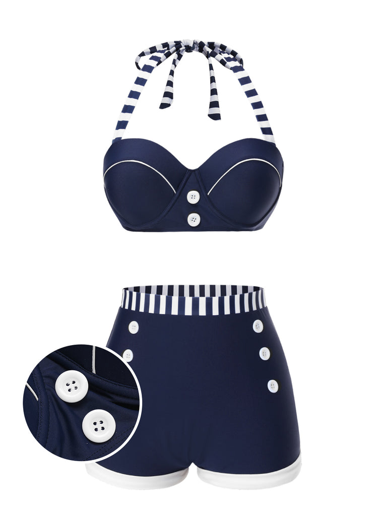 Blue 1940s Navy Style Patchwork Swimsuit: 1940s Riviera elegance, reimagined for her