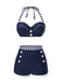 This Blue 1940s Navy Style Patchwork Swimsuit carries 1940s vacation dreams in every stitch
