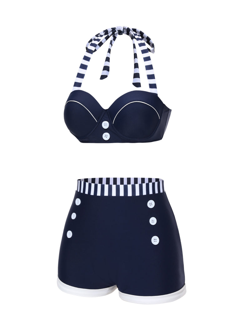 Blue 1940s Navy Style Patchwork Swimsuit — because 1940s glamour never goes out of style