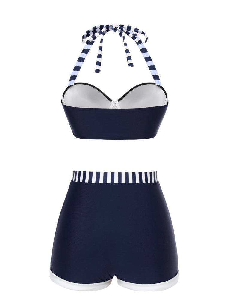 Blue 1940s Navy Style Patchwork Swimsuit — 1940s poolside glamour meets sun-drenched confidence