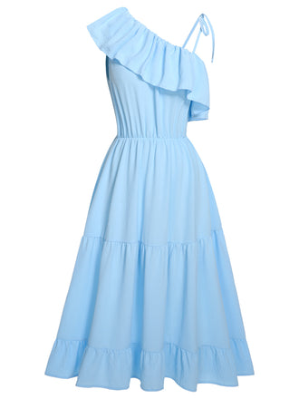 Blue 1940s One-Shoulder Sleeveless Ruffles Dress, vintage dress, retro fashion - perfect for women who love vintage and retro fashion