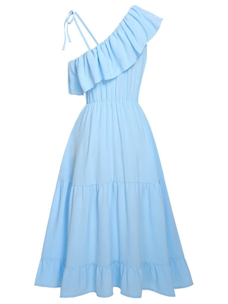 Blue 1940s One-Shoulder Sleeveless Ruffles Dress, vintage dress, retro fashion - perfect for women who love vintage and retro fashion