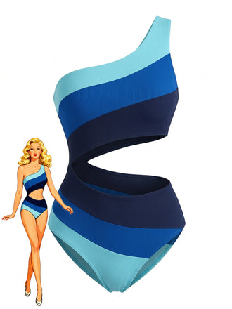 Blue 1940s One-Shoulder Striped Colorblock One-Piece Swimsuit - vintage swimwear, retro swimsuit, pin-up style for vintage lovers