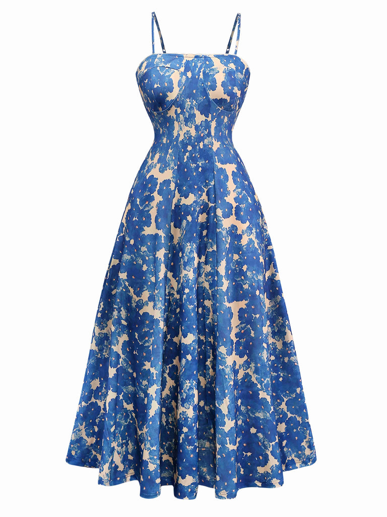 Blue 1940s Painting Floral Straps Dress - vintage dress, retro fashion