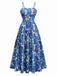 Blue 1940s Painting Floral Straps Dress - vintage dress, retro fashion