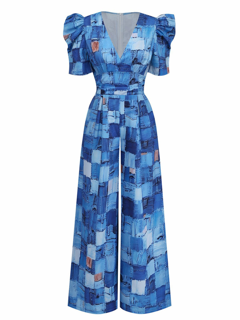 Blue 1940s Patchwork Puff-Sleeve V-Neck Jumpsuit - vintage jumpsuit, retro fashion