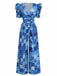 Blue 1940s Patchwork Puff-Sleeve V-Neck Jumpsuit - vintage jumpsuit, retro fashion