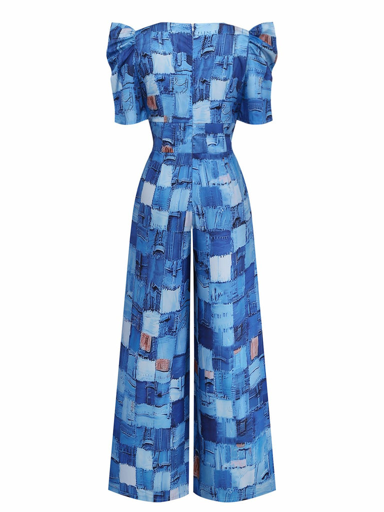 Blue 1940s Patchwork Puff-Sleeve V-Neck Jumpsuit - vintage jumpsuit, retro fashion