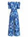Blue 1940s Patchwork Puff-Sleeve V-Neck Jumpsuit - vintage jumpsuit, retro fashion