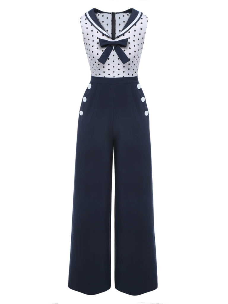 Blue 1940s Polka Dot Bow Lapel Jumpsuit, vintage romper, retro jumpsuit - perfect for women who love vintage and retro fashion