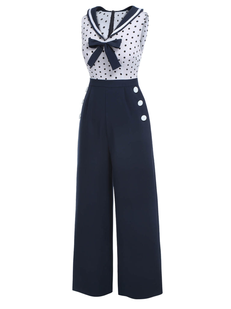 Blue 1940s Polka Dot Bow Lapel Jumpsuit, vintage romper, retro jumpsuit - perfect for women who love vintage and retro fashion