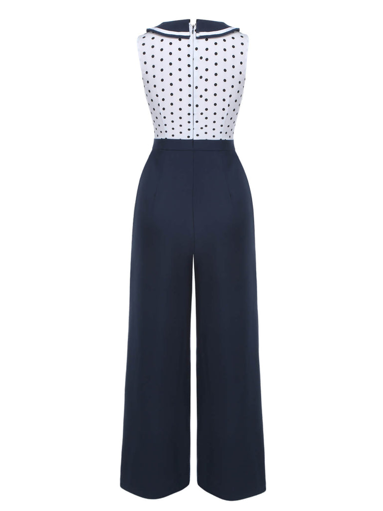 Blue 1940s Polka Dot Bow Lapel Jumpsuit, vintage romper, retro jumpsuit - perfect for women who love vintage and retro fashion