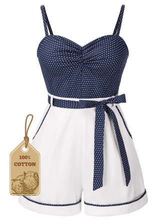She finds her 1940s story in this Blue 1940s Polka Dot Patchwork Suspender Romper