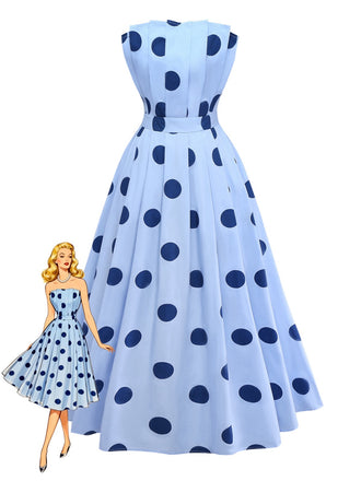 Blue 1940s Polka Dot Strapless Pleated Dress - vintage dress, retro fashion