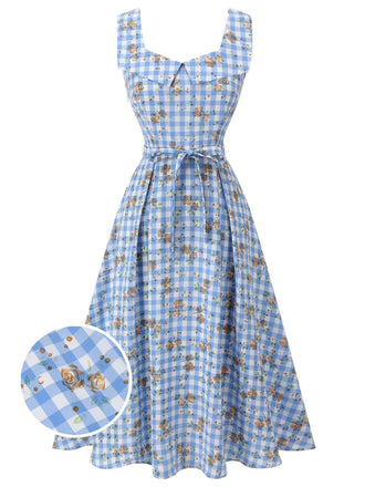 Blue 1940s Rose Gingham Lace Up Dress, vintage dress, retro fashion, lace detail - perfect for women who love vintage and retro fashion