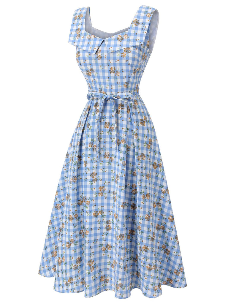 Blue 1940s Rose Gingham Lace Up Dress | Retro Stage Blue 1940s Rose Gingham Lace Up Dress | Retro Stage