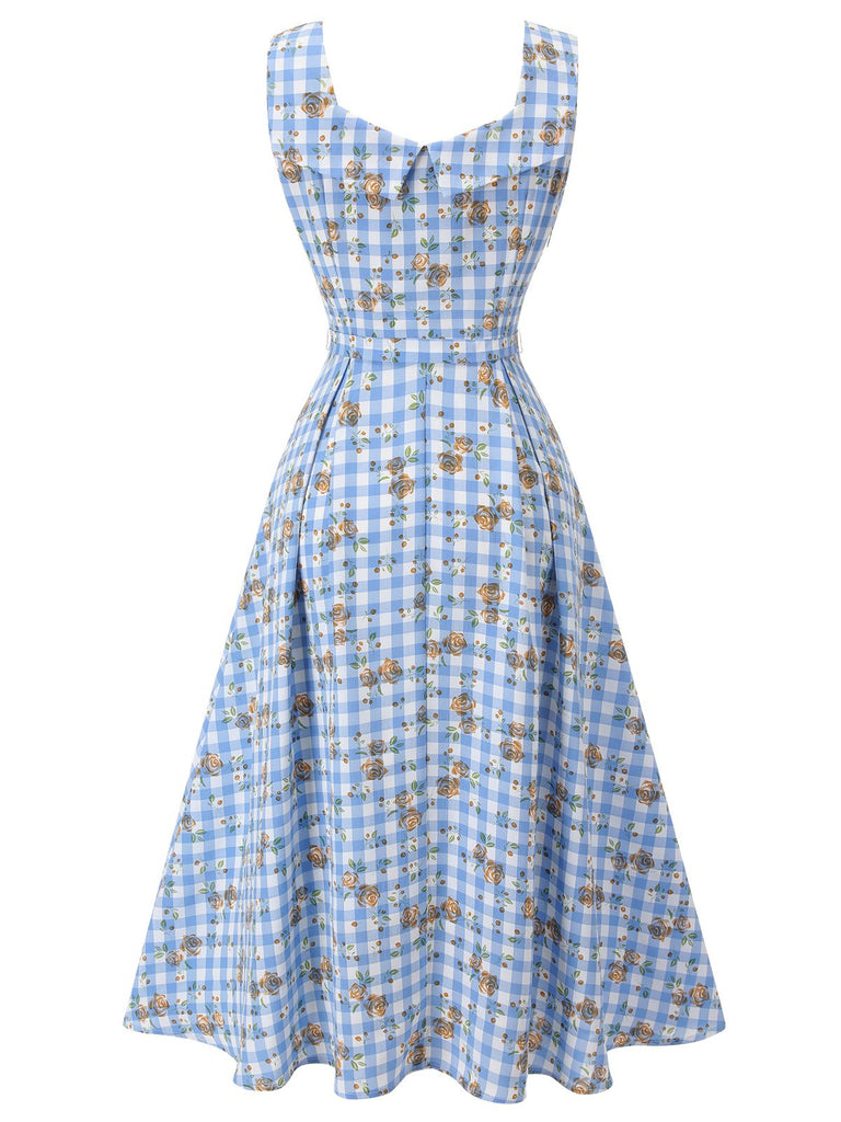 Blue 1940s Rose Gingham Lace Up Dress | Retro Stage