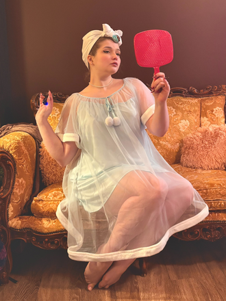 She slips into this Blue 1940s Ruffle Sleeve Plush Trim Tulle Nightgown and suddenly it's a 1940s daydream