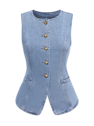 She finds her 1940s story in this Blue 1940s Sleeveless Denim Vest